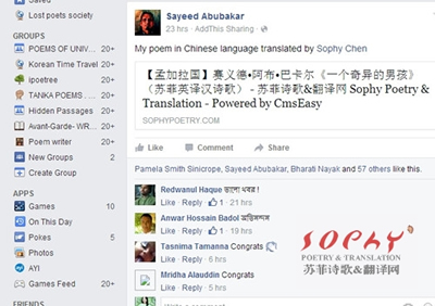 苏菲汉译孟加拉国70后诗人赛义德的诗 A Strange Boy《一个奇异的男孩》今日纯英语版facebook 60赞